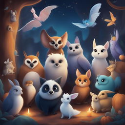 A digital art piece featuring a collection of animals in a spooky yet adorable setting