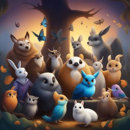 A digital art piece featuring a collection of animals in a spooky yet adorable setting