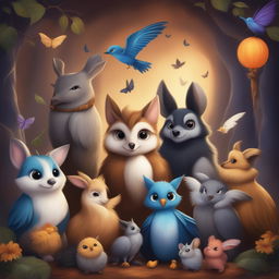 A digital art piece featuring a collection of animals in a spooky yet adorable setting
