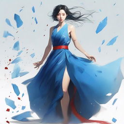 A stylish Korean tomboy, sprinting in a large, flowing blue gown. She clutches a broken, reflective glass shard in her hand, blood splattering subtly onto her dress.