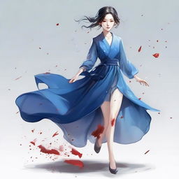 A stylish Korean tomboy, sprinting in a large, flowing blue gown. She clutches a broken, reflective glass shard in her hand, blood splattering subtly onto her dress.