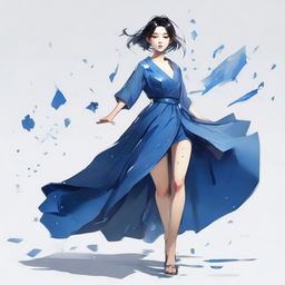 A stylish Korean tomboy, sprinting in a large, flowing blue gown. She clutches a broken, reflective glass shard in her hand, blood splattering subtly onto her dress.