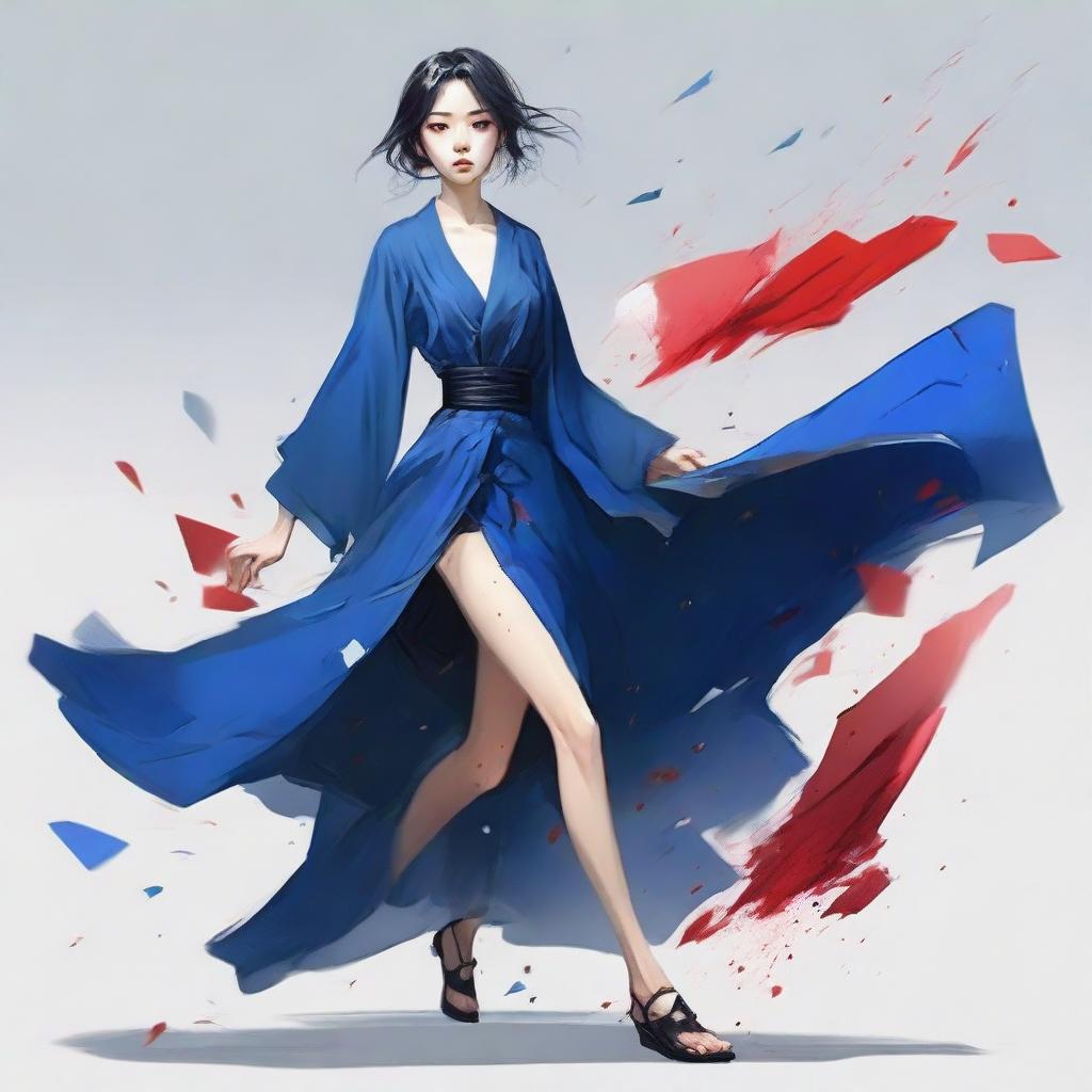 A stylish Korean tomboy, sprinting in a large, flowing blue gown. She clutches a broken, reflective glass shard in her hand, blood splattering subtly onto her dress.