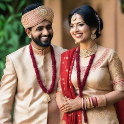 A man and woman, best friends, dressed in traditional Indian wedding attire, smiling and celebrating together