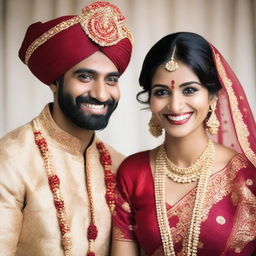 A man and woman, best friends, dressed in traditional Indian wedding attire, smiling and celebrating together