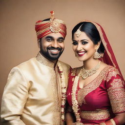 A man and woman, best friends, dressed in traditional Indian wedding attire, smiling and celebrating together