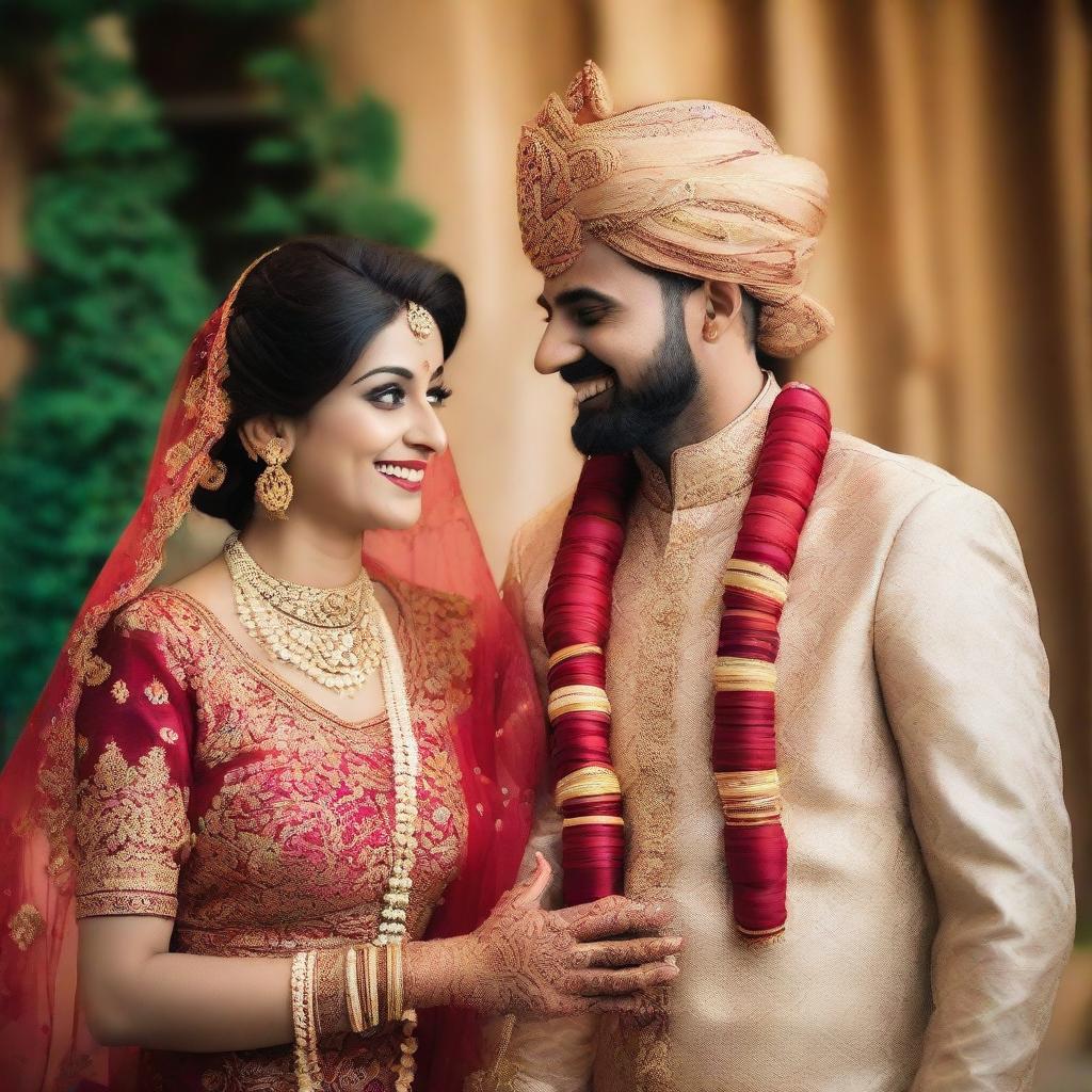 A man and woman, best friends, dressed in traditional Indian wedding attire, smiling and celebrating together