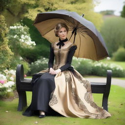 A regal princess wearing a Caroline cage dress, umbrella-like and wide, in black and golden hues, seated gracefully on a garden bench