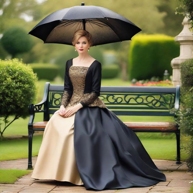 A regal princess wearing a Caroline cage dress, umbrella-like and wide, in black and golden hues, seated gracefully on a garden bench