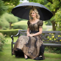 A regal princess wearing a Caroline cage dress, umbrella-like and wide, in black and golden hues, seated gracefully on a garden bench