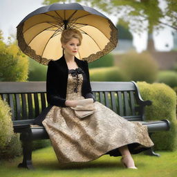 A regal princess wearing a Caroline cage dress, umbrella-like and wide, in black and golden hues, seated gracefully on a garden bench