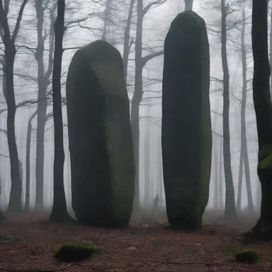 The eerie atmosphere in the horror movie was intensified when the protagonists stumbled upon a megalith in the middle of the haunted forest.