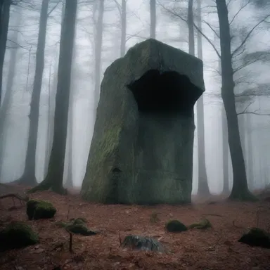 The eerie atmosphere in the horror movie was intensified when the protagonists stumbled upon a megalith in the middle of the haunted forest.