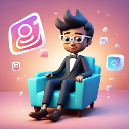 A 3D illustration of a boy in formal attire, lounging on an Instagram logo. The background showcases a social media profile page titled 'SAIKRISH' with a compatible profile picture.