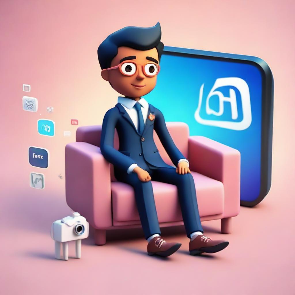 A 3D illustration of a boy in formal attire, lounging on an Instagram logo. The background showcases a social media profile page titled 'SAIKRISH' with a compatible profile picture.