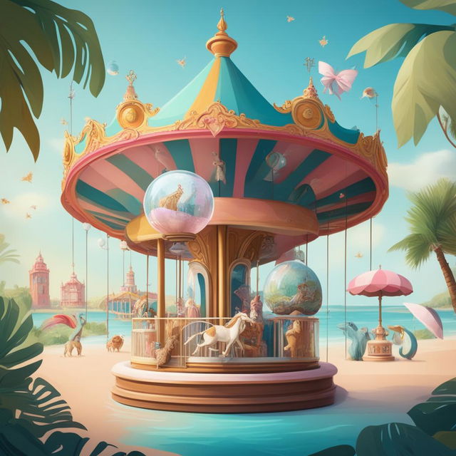 A whimsical digital art piece featuring a carousel adorned with a variety of animals and a crystal ball, set in a tropical beach setting