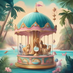 A whimsical digital art piece featuring a carousel adorned with a variety of animals and a crystal ball, set in a tropical beach setting