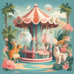 A whimsical digital art piece featuring a carousel adorned with a variety of animals and a crystal ball, set in a tropical beach setting