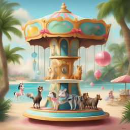 A whimsical digital art piece featuring a carousel adorned with a variety of animals and a crystal ball, set in a tropical beach setting