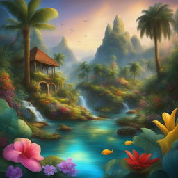 A vibrant digital art piece depicting a lush, tropical paradise filled with a variety of fruits, animals, and flowers