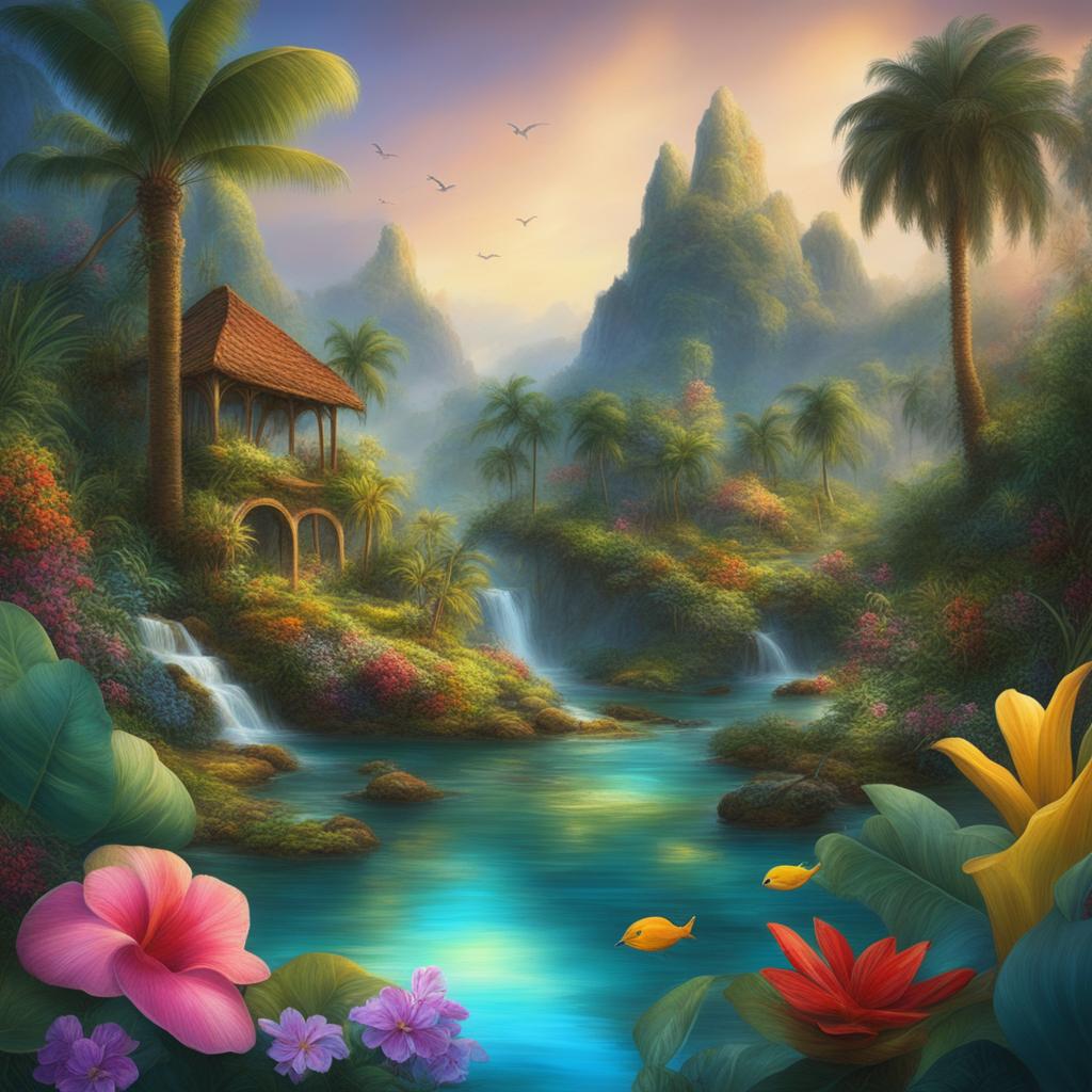 A vibrant digital art piece depicting a lush, tropical paradise filled with a variety of fruits, animals, and flowers