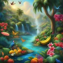 A vibrant digital art piece depicting a lush, tropical paradise filled with a variety of fruits, animals, and flowers