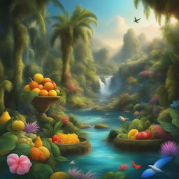 A vibrant digital art piece depicting a lush, tropical paradise filled with a variety of fruits, animals, and flowers