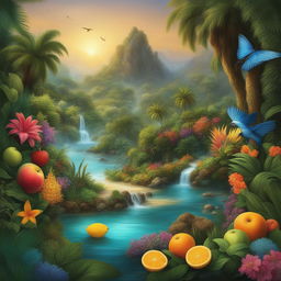 A vibrant digital art piece depicting a lush, tropical paradise filled with a variety of fruits, animals, and flowers