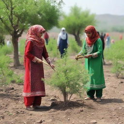 Pakistani women in traditional attire planting trees in a rural landscape, glorifying their efforts towards environmental conservation.