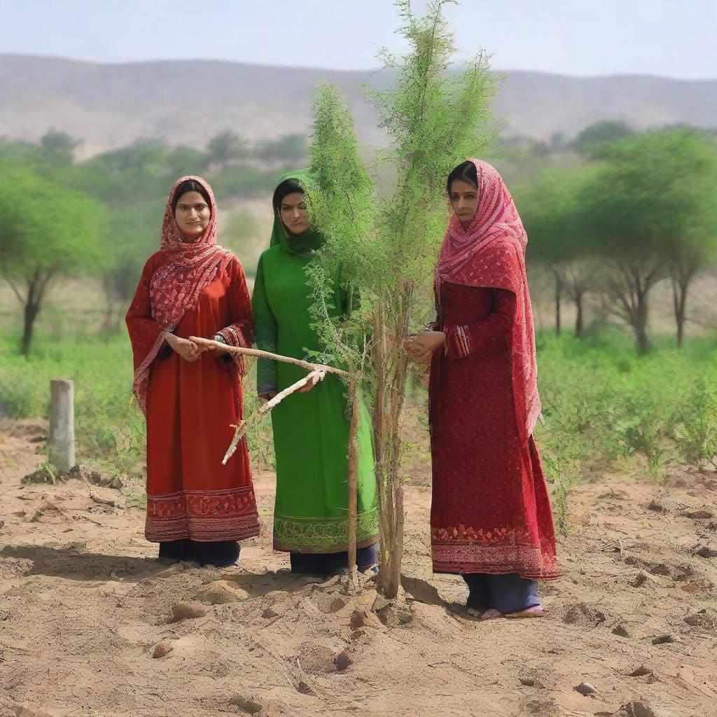 Pakistani women in traditional attire planting trees in a rural landscape, glorifying their efforts towards environmental conservation.