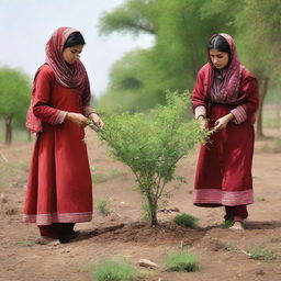 Pakistani women in traditional attire planting trees in a rural landscape, glorifying their efforts towards environmental conservation.