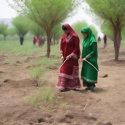 Pakistani women in traditional attire planting trees in a rural landscape, glorifying their efforts towards environmental conservation.