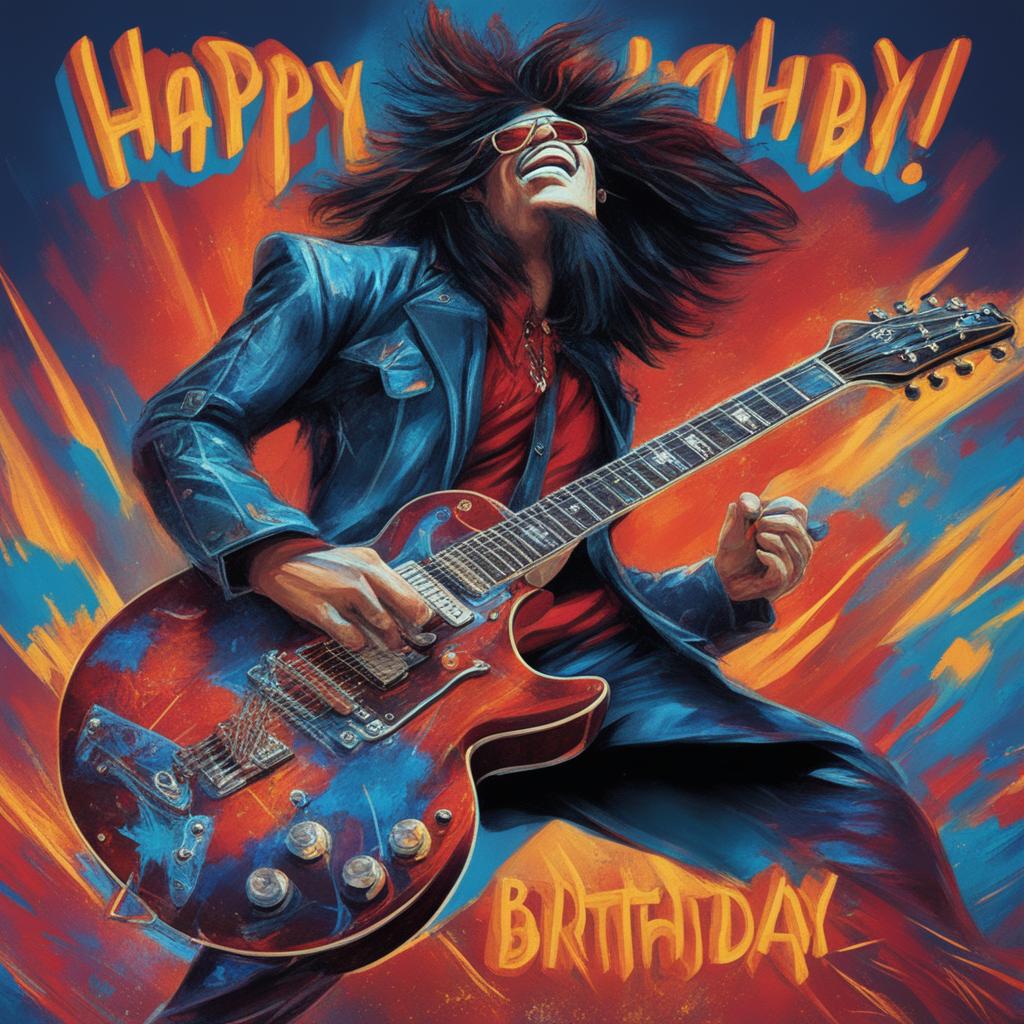 A vibrant, high-quality digital art image of Reuben, a metal guitar shredder, in the middle of a powerful performance