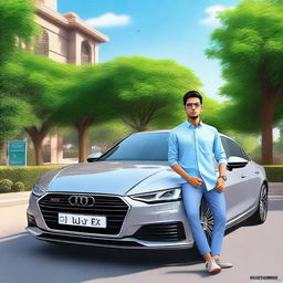 A 3D art painting of a realistic scene set in a city park in Pakistan, showcasing a 20-year-old boy sporting a sky blue and white casual shirt, luxury watch, premium glasses, and well-styled hair, seated on the side of a silver Audi e Tron Gt car with 'SAHIL' on the number plate.