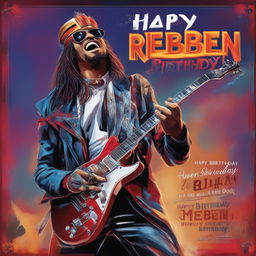 A vibrant, high-quality digital art image of Reuben, a metal guitar shredder, in the middle of a powerful performance