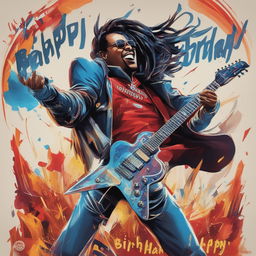 A vibrant, high-quality digital art image of Reuben, a metal guitar shredder, in the middle of a powerful performance