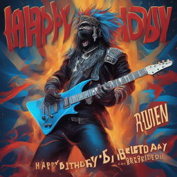 A vibrant, high-quality digital art image of Reuben, a metal guitar shredder, in the middle of a powerful performance