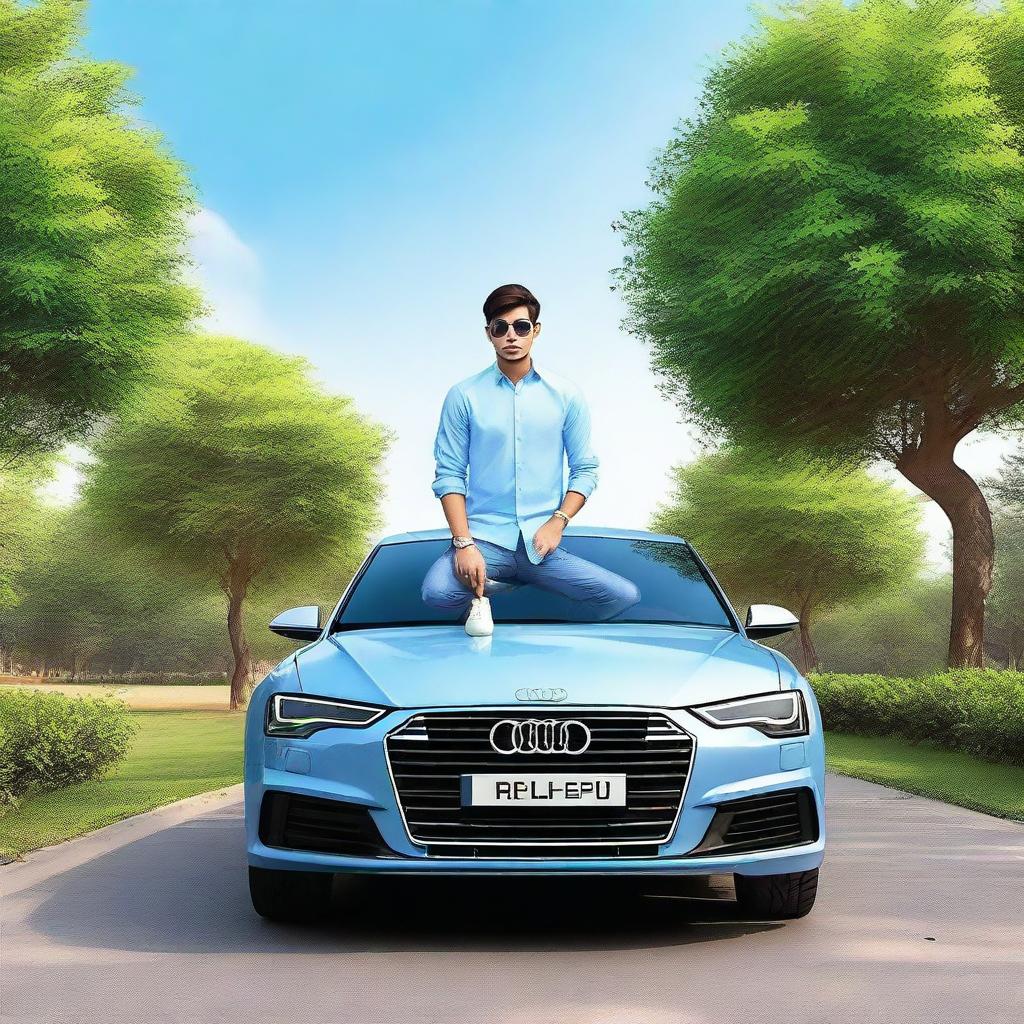 A 3D art painting of a realistic scene set in a city park in Pakistan, showcasing a 20-year-old boy sporting a sky blue and white casual shirt, luxury watch, premium glasses, and well-styled hair, seated on the side of a silver Audi e Tron Gt car with 'SAHIL' on the number plate.