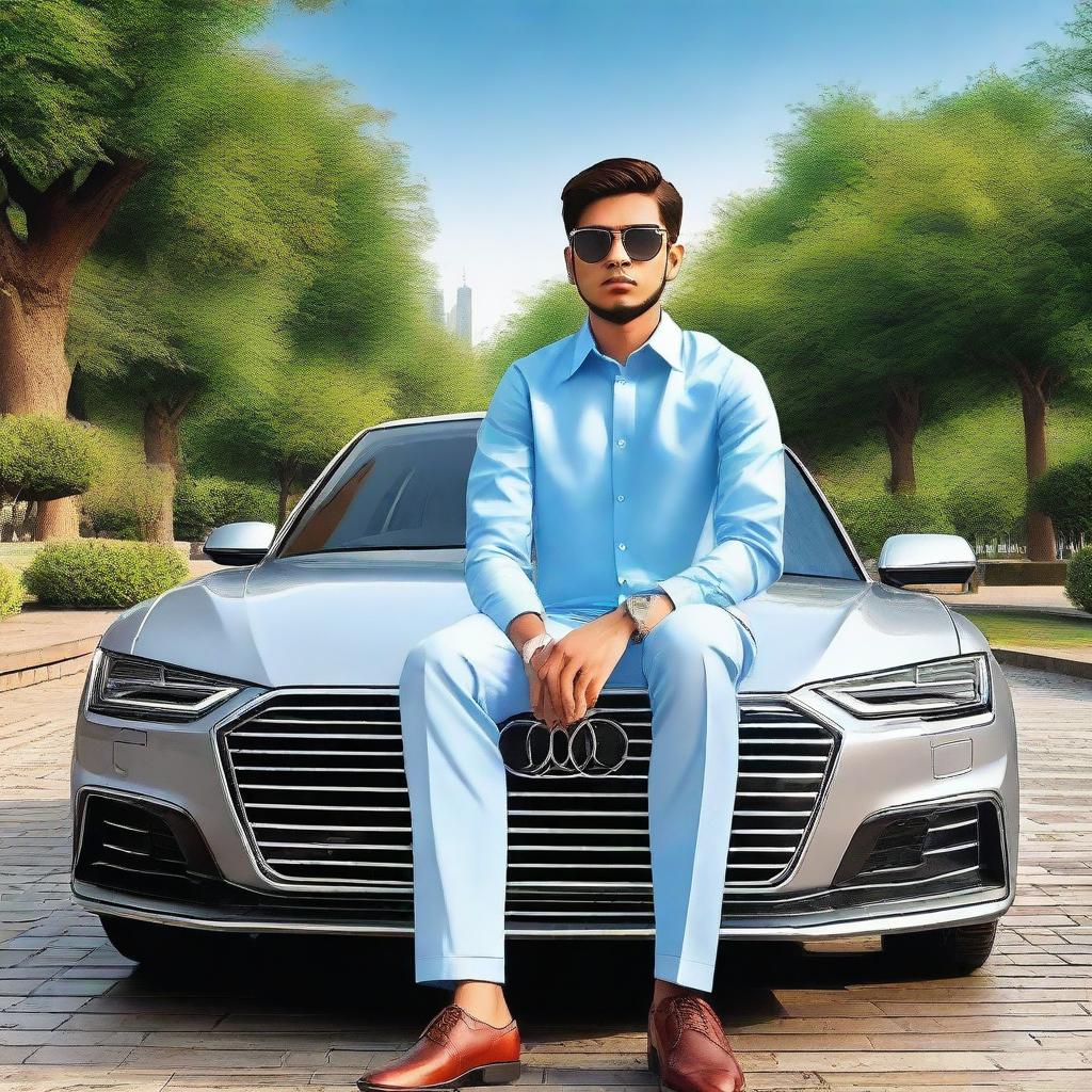 A 3D art painting of a realistic scene set in a city park in Pakistan, showcasing a 20-year-old boy sporting a sky blue and white casual shirt, luxury watch, premium glasses, and well-styled hair, seated on the side of a silver Audi e Tron Gt car with 'SAHIL' on the number plate.