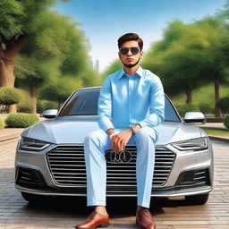 A 3D art painting of a realistic scene set in a city park in Pakistan, showcasing a 20-year-old boy sporting a sky blue and white casual shirt, luxury watch, premium glasses, and well-styled hair, seated on the side of a silver Audi e Tron Gt car with 'SAHIL' on the number plate.