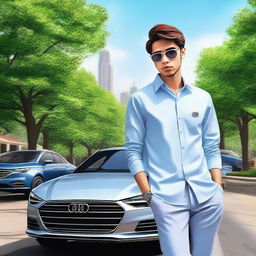 A 3D art painting of a realistic scene set in a city park in Pakistan, showcasing a 20-year-old boy sporting a sky blue and white casual shirt, luxury watch, premium glasses, and well-styled hair, seated on the side of a silver Audi e Tron Gt car with 'SAHIL' on the number plate.