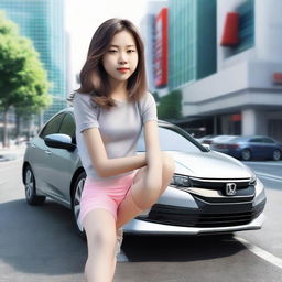 A three-dimensional realistic image of a healthy-looking girl with a backdrop of a Honda Civic car.