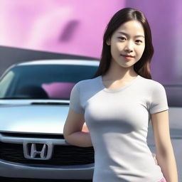 A three-dimensional realistic image of a healthy-looking girl with a backdrop of a Honda Civic car.