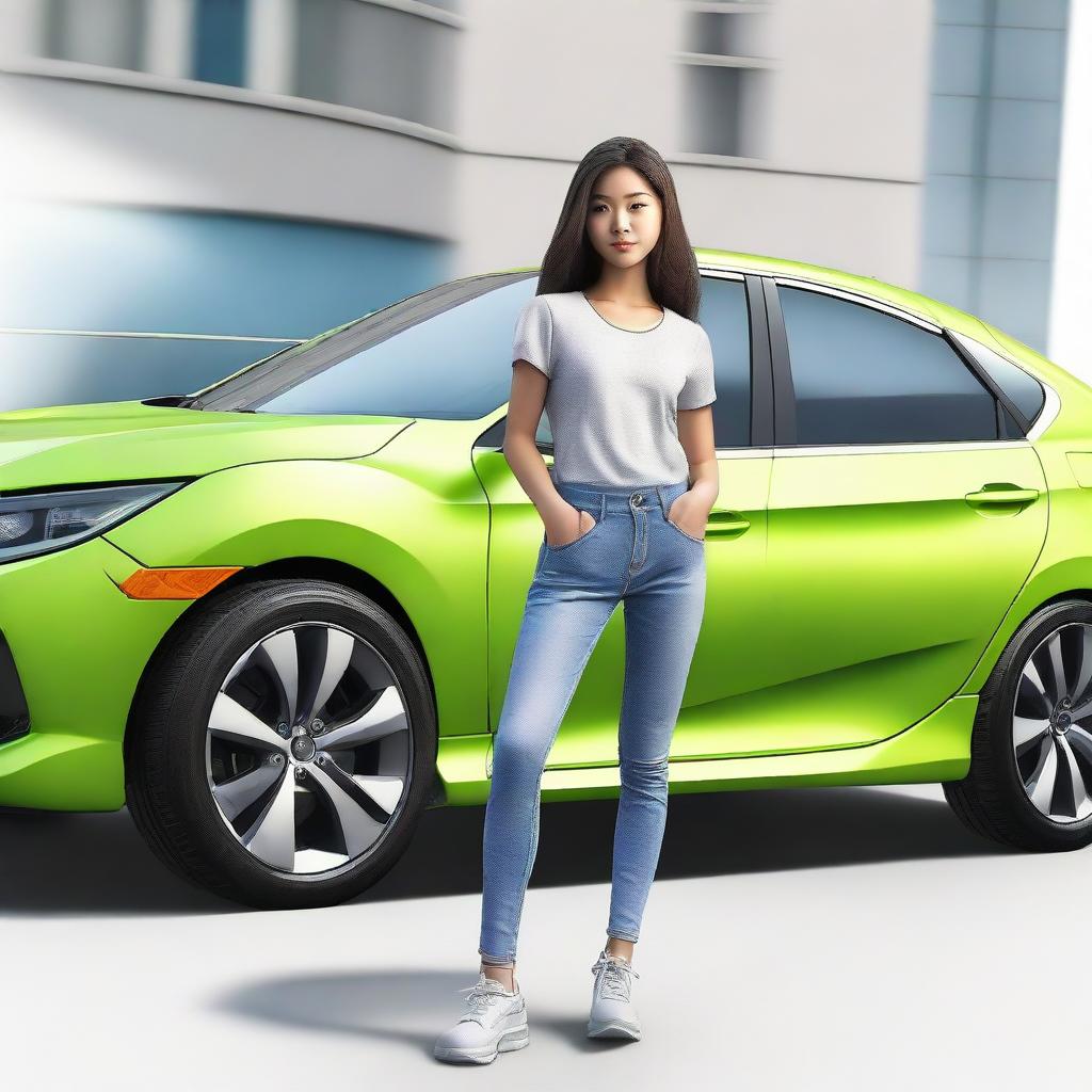 A three-dimensional realistic image of a healthy-looking girl with a backdrop of a Honda Civic car.