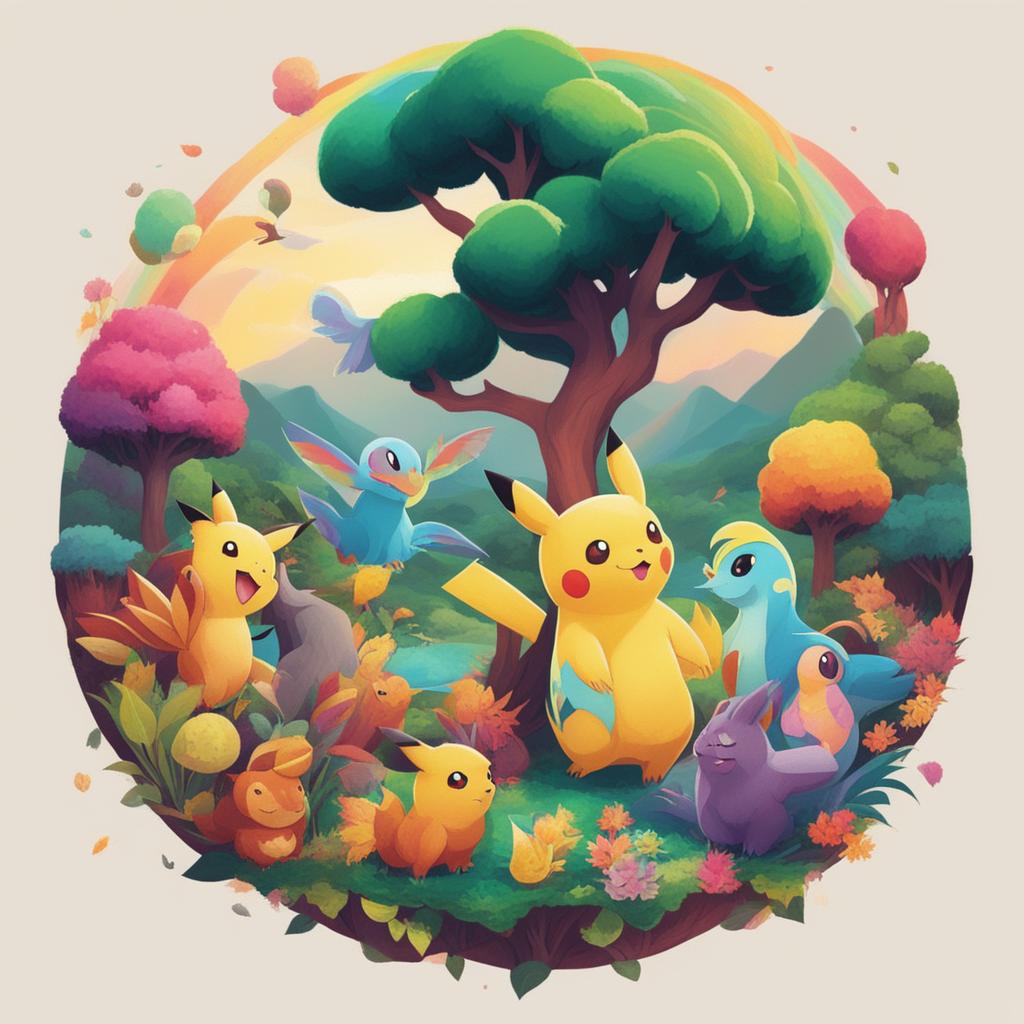 A vibrant digital art piece set in the Pokemon universe, featuring a variety of real-world animals depicted as Pokemon characters