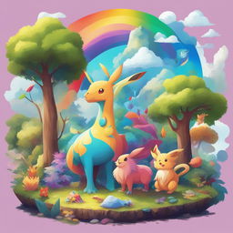 A vibrant digital art piece set in the Pokemon universe, featuring a variety of real-world animals depicted as Pokemon characters