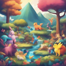 A vibrant digital art piece set in the Pokemon universe, featuring a variety of real-world animals depicted as Pokemon characters