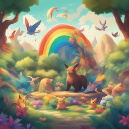 A vibrant digital art piece set in the Pokemon universe, featuring a variety of real-world animals depicted as Pokemon characters