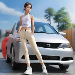 A three-dimensional realistic image of a healthy-looking girl with a backdrop of a Honda Civic car.