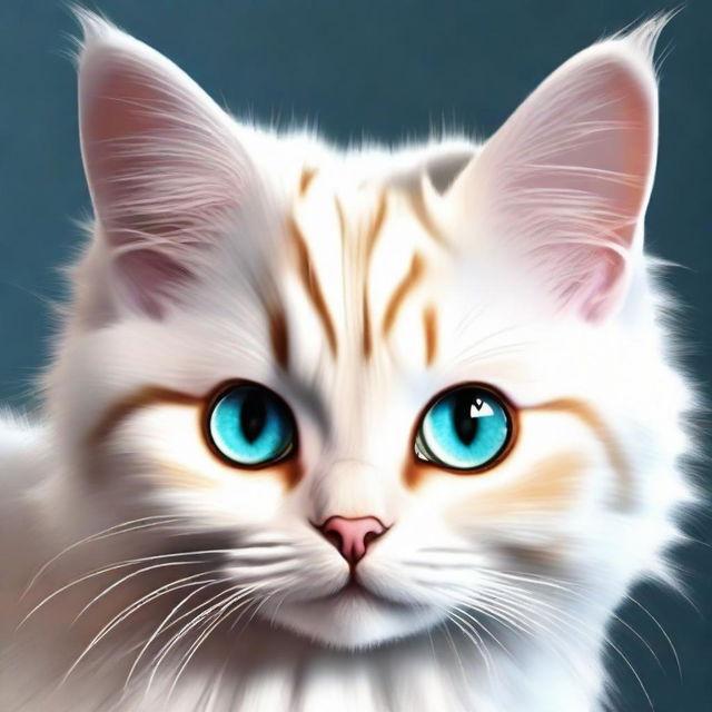 Generate a cute, fluffy cat with bright, playful eyes and smooth, shiny fur